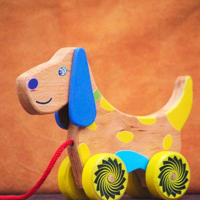 Wooden Push/Pull Caravan Doggy | Wooden Pullalong Toy Dog| Pull Toy Dog with Cord and Holding Piece