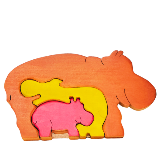 Hippo Family Brain Teaser Jigsaw Animal Puzzle set (3 pieces)| Lock in blocks puzzle set| Animals Puzzle| Wooden Puzzle