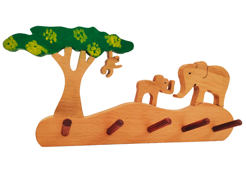 Elephant Grassland Kids Wall Hanger | Keys, Cloths, ID Cards Hanger| Kids Room Organiser | Natural Wood Hanger