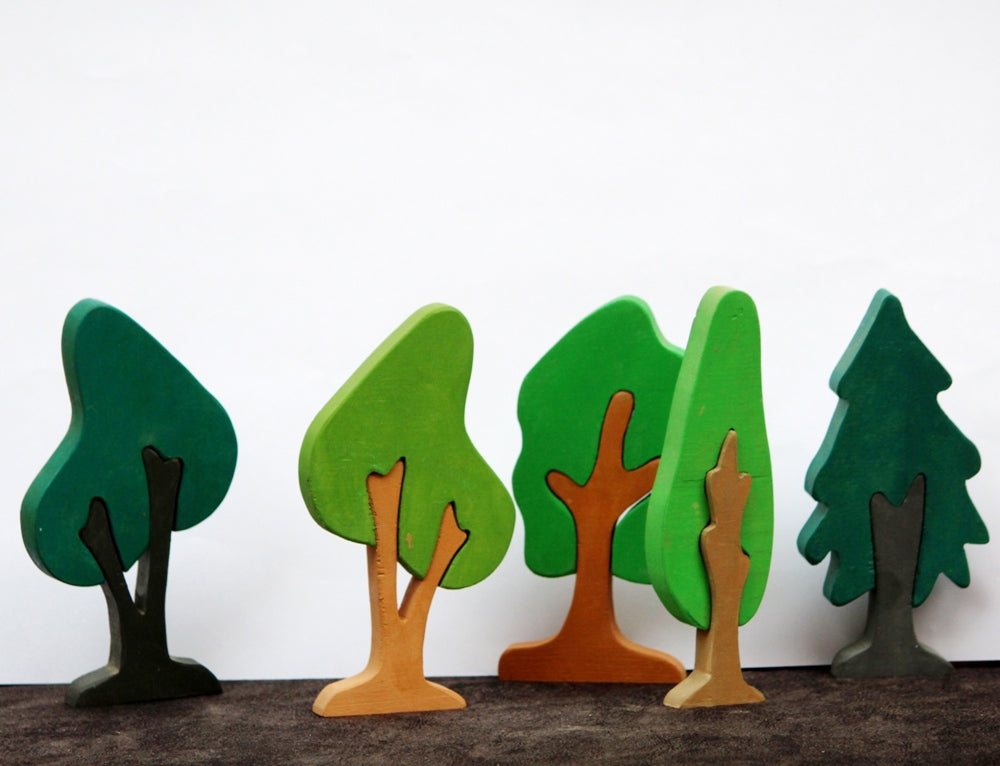 Tree Puzzle Pretend Play Set (Set of five trees)| Tree Mini Puzzles in Beech Wood (Different shapes and colours) | Pretend Play Tree Set | Decorative Tree Set