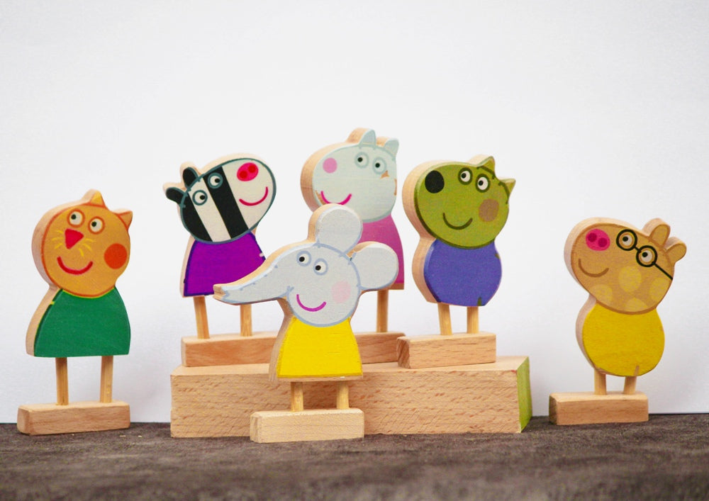 Peppas Family & friend's | Wooden Peppa's Friends | Daddy Pig, Mummy Pig, Peppa Pig, Jeorge, Suzi sheep, Danny Dog, Emily Elephant, Pedro Pony, Zoe zebra, Candy Cat) | Pretend Play | Story Telling