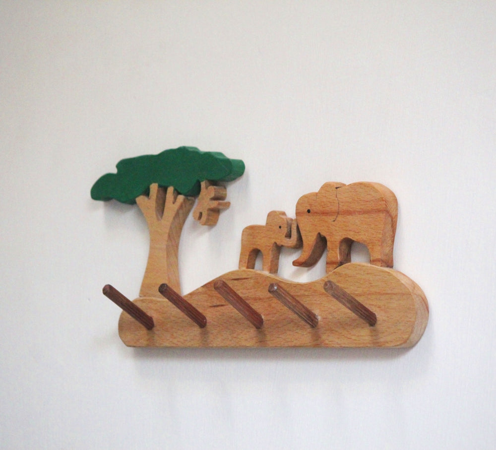 Elephant Grassland Kids Wall Hanger | Keys, Cloths, ID Cards Hanger| Kids Room Organiser | Natural Wood Hanger