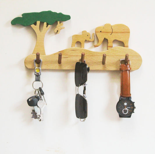 Elephant Grassland Kids Wall Hanger | Keys, Cloths, ID Cards Hanger| Kids Room Organiser | Natural Wood Hanger