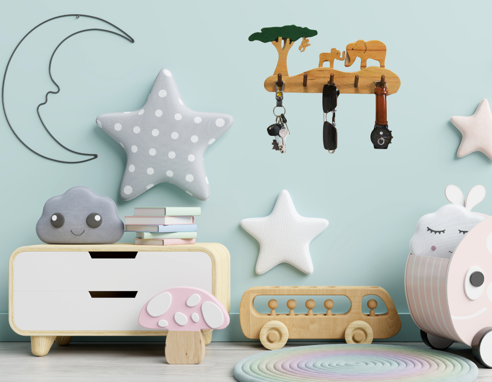 Elephant Grassland Kids Wall Hanger | Keys, Cloths, ID Cards Hanger| Kids Room Organiser | Natural Wood Hanger