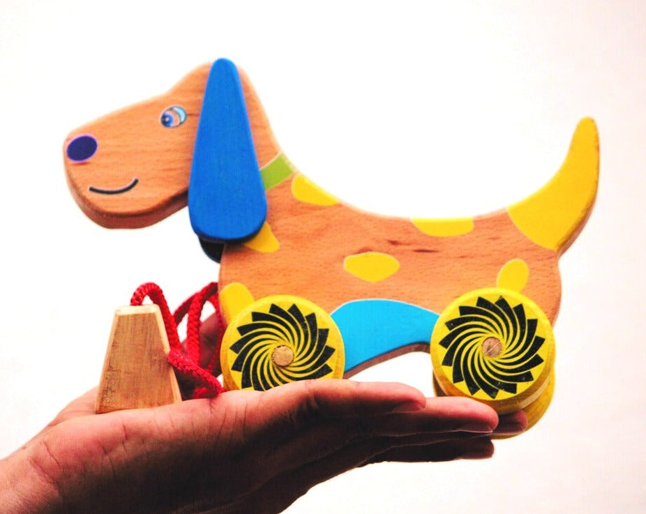 Wooden Push/Pull Caravan Doggy | Wooden Pullalong Toy Dog| Pull Toy Dog with Cord and Holding Piece