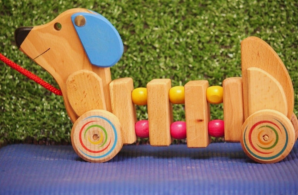 Wriggly pul along Dog toy (Age 1-4 years)| Wooden Push/PullToy | Natural Toy